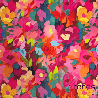 Fabric Chick's velveteen digital printed fabric is a vibrant and luxurious textile that captivates with its bold and dynamic color palette. The fabric features an intricate and lively design with striking shades of pink, blue, green, turquoise, and golden yellow. 