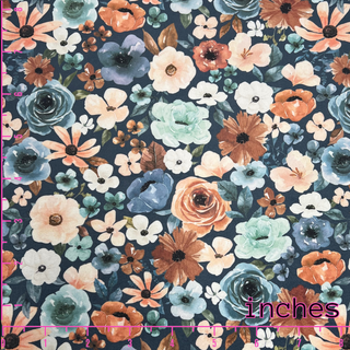 Fabric Chick's navy floral custom print fabric is a stunning blend of durability and luxury, designed to captivate with its rich, sophisticated palette. The deep navy background provides a striking canvas for the intricate floral patterns, which feature a harmonious mix of ivory, gold, rust, amber, and various shades of blue. Each flower is meticulously detailed, with delicate petals and leaves that showcase the vibrant colors beautifully.